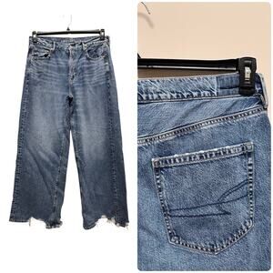 American Eagle Super High Rise Baggy Wide Leg Size 14R Jean Distressed Hem